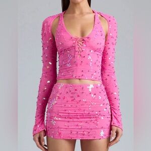 Oh Polly Ruched Mid-Rise Micro Mini Skirt & top  in Bubblegum Pink 0